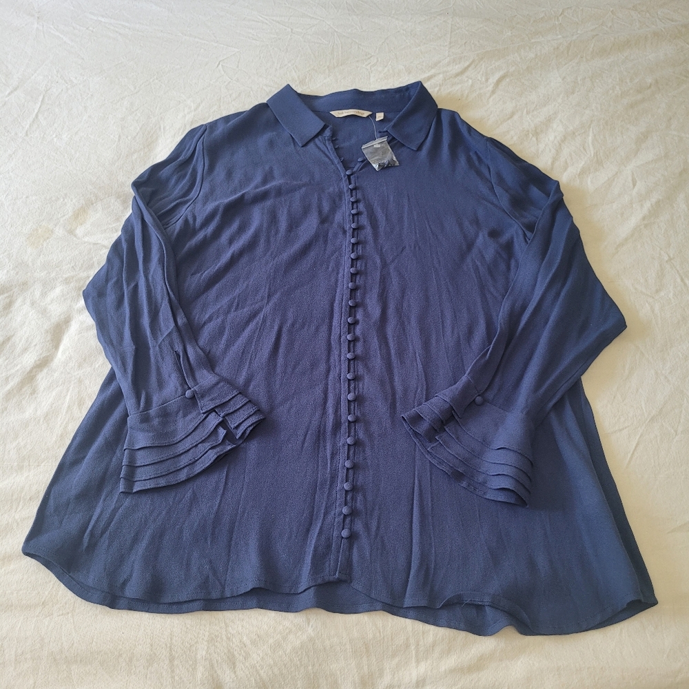 Soft Surroundings Womens P/XL Button Up Poet Shirt Blouse Ruffle Sleeve Blue